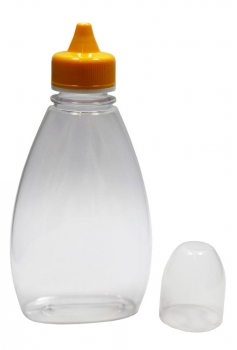 PET-Flasche Squeeze 350ml oval komplett mit gelb-weissem Drehverschluss und transparentem Verschlussdeckel